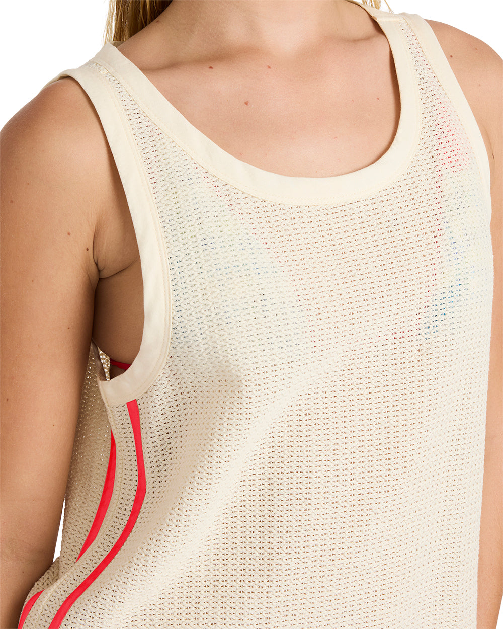 Sleeveless tank dress in cream with rhinestone embellishments and red side stripe detail.
