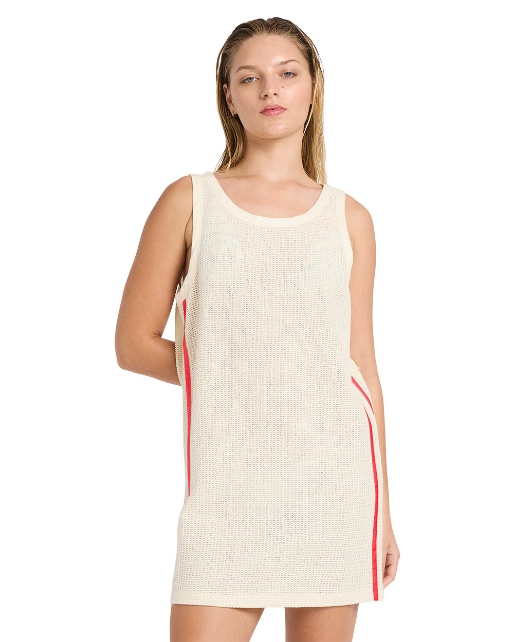 Cream sleeveless shift dress with red stripe detail on sides and crew neckline.