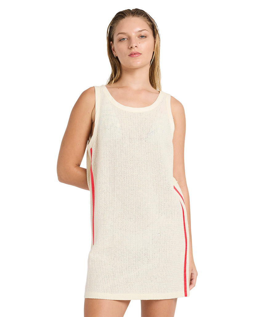 Cream sleeveless shift dress with red stripe detail on sides and crew neckline.