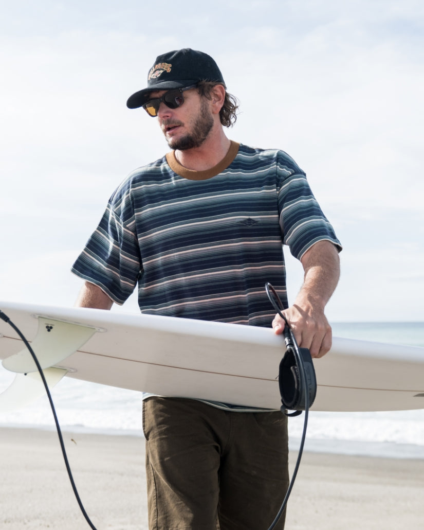 Midnight blue short-sleeve t-shirt with horizontal stripes in white and gray tones.