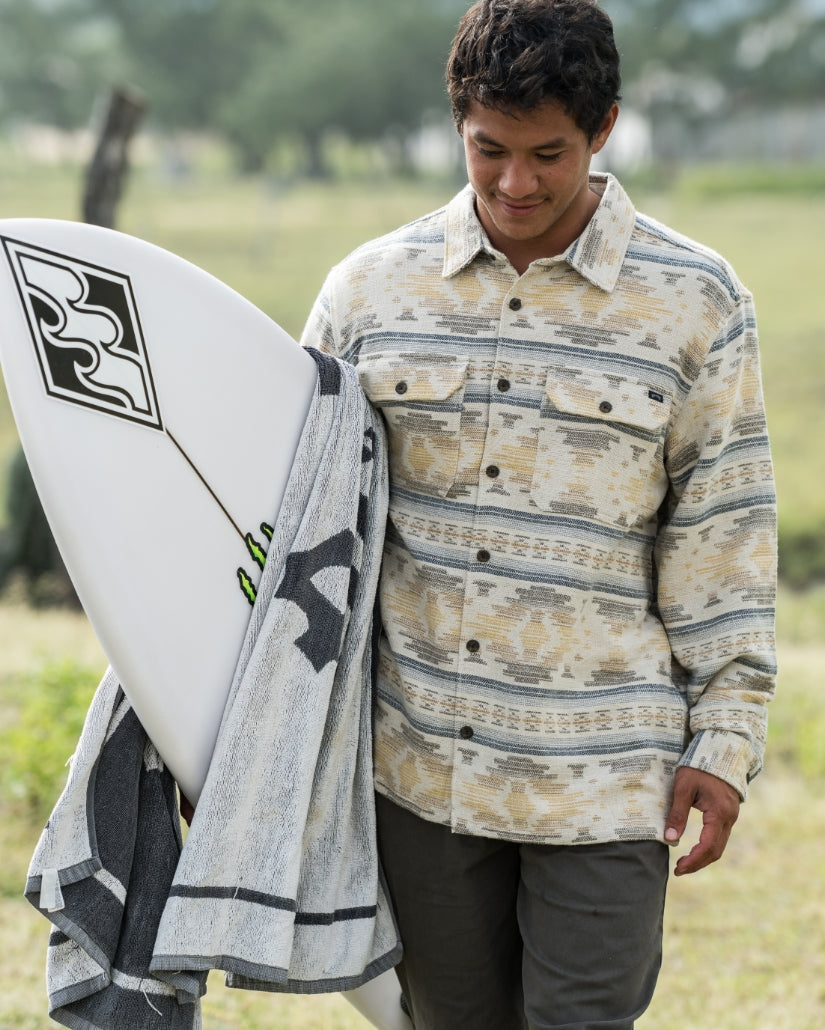 Sand-colored long sleeve flannel shirt with jacquard stripe pattern, button front, and chest pockets.