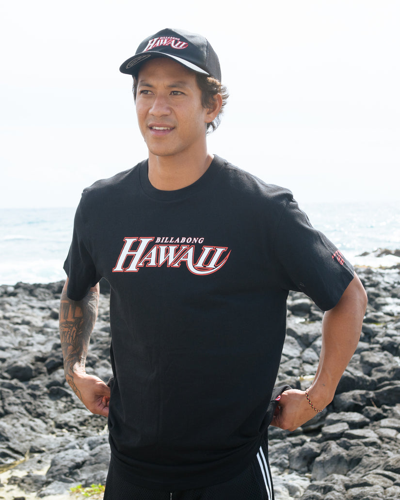 Black short sleeve t-shirt with red and white "Billabong Hawaii" graphic on chest.