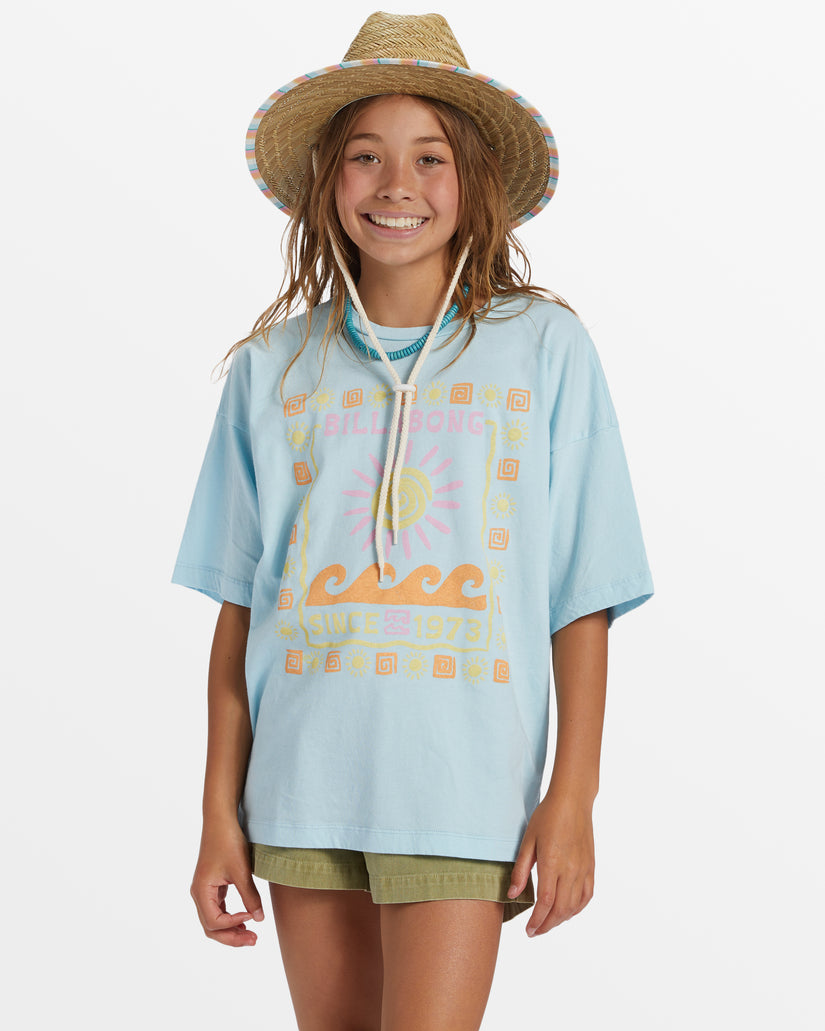 Girl's Waves And Sun Oversized T-Shirt - Blue Glow