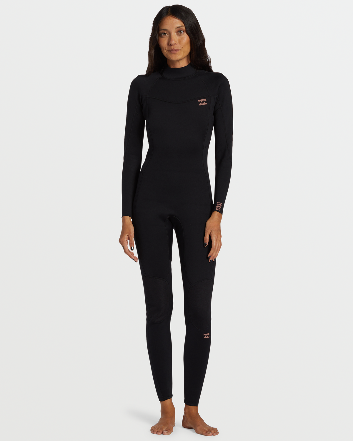 Black full-length wetsuit with long sleeves and high neckline, featuring small brand logos on chest and ankle.