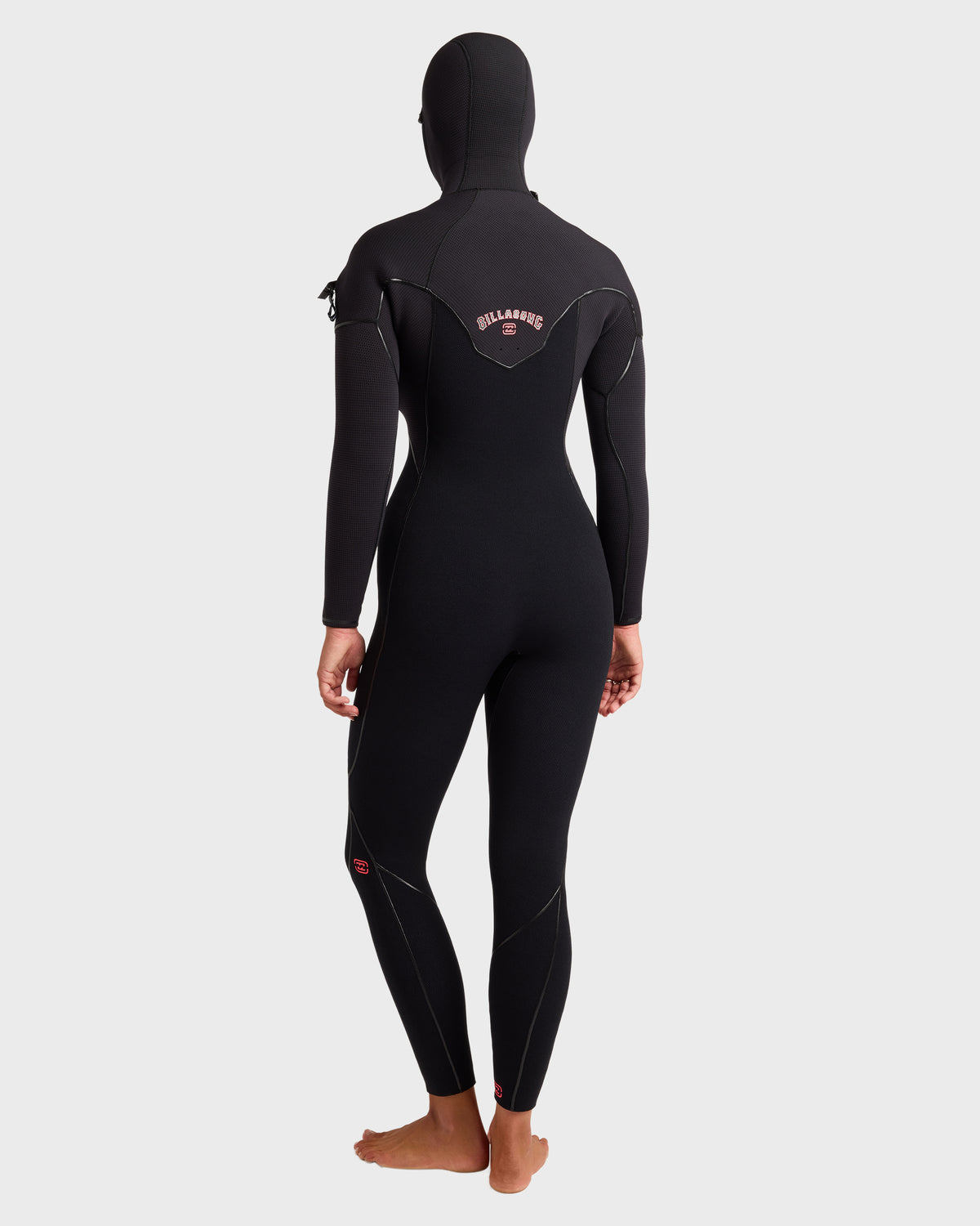 Black full-length wetsuit with hood and chest zip, shown from back view on a model.