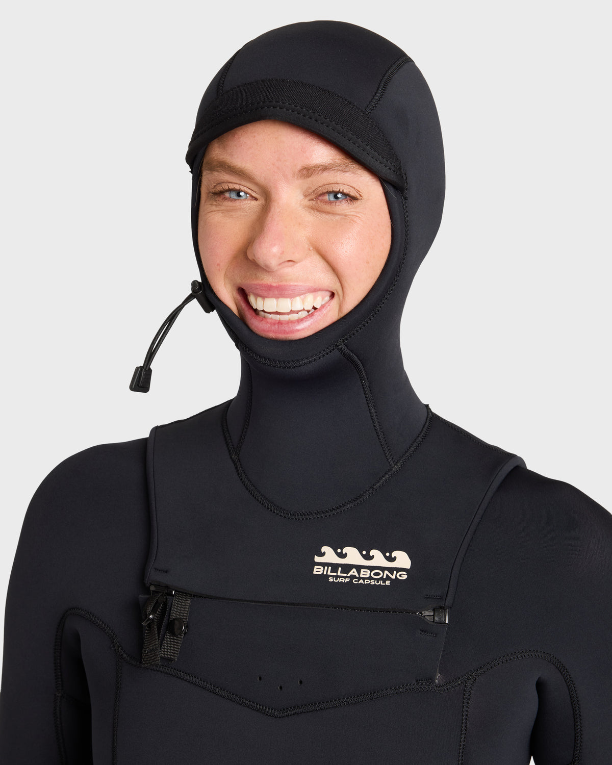 Black hooded wetsuit with chest zip closure and neoprene face mask with chin strap.