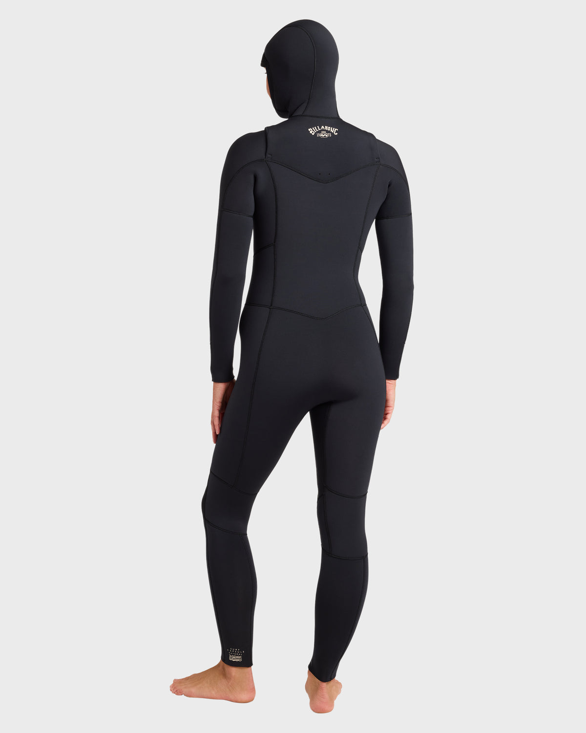 Black full-length wetsuit with hood and chest zip, shown from back on model.