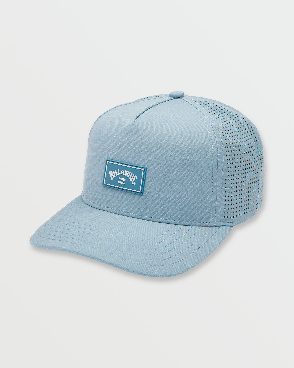 Glacier blue snapback hat with perforated mesh back panel and rectangular Billabong logo patch on front.
