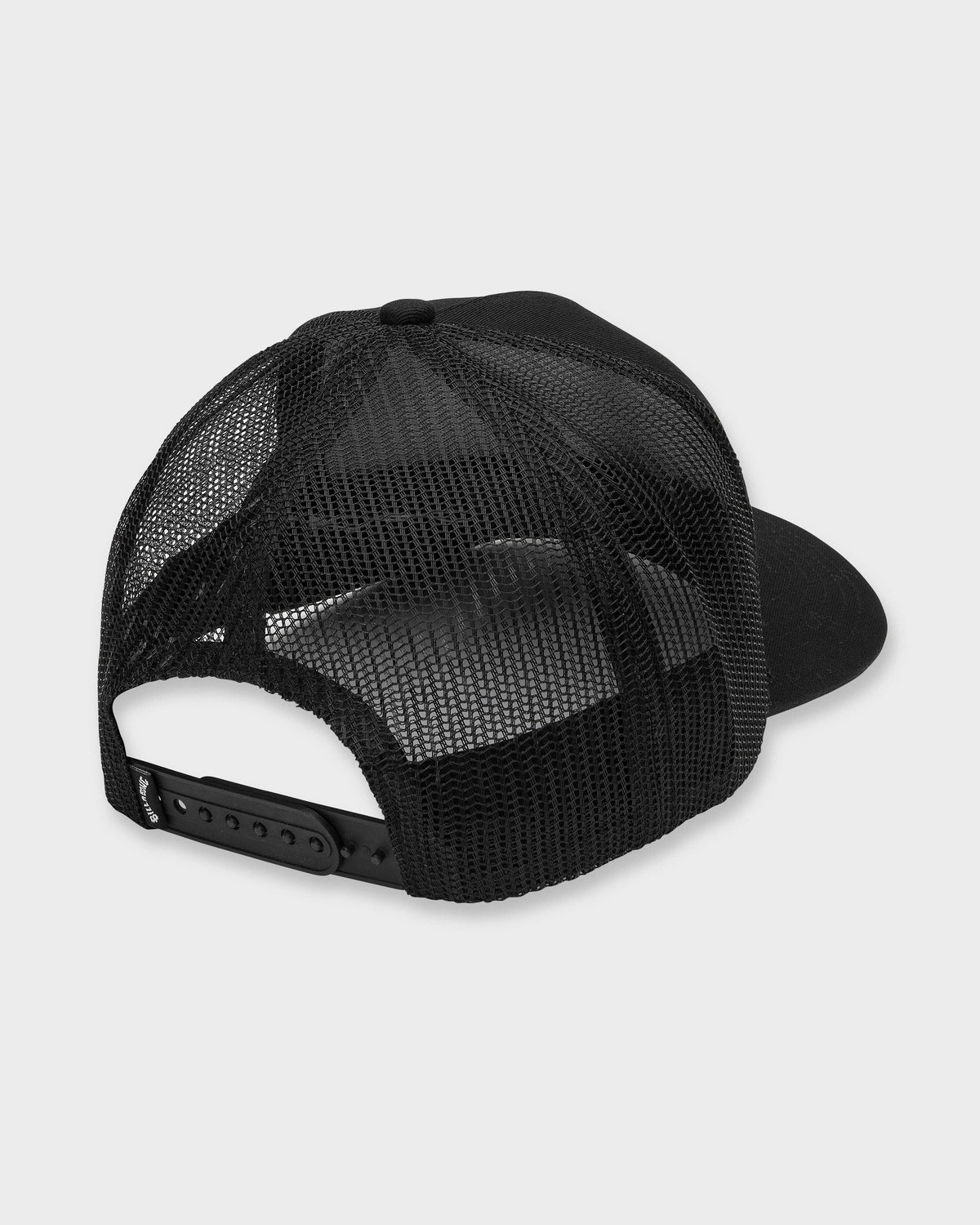 Black trucker hat with mesh back panels and snapback closure, shown from rear three-quarter view.
