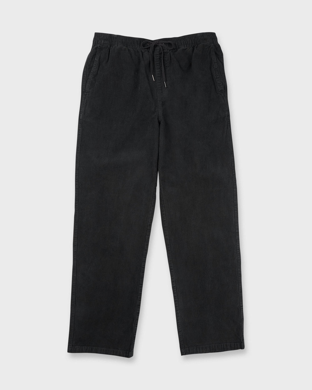 Washed black corduroy pants with elastic waistband and drawstring closure.
