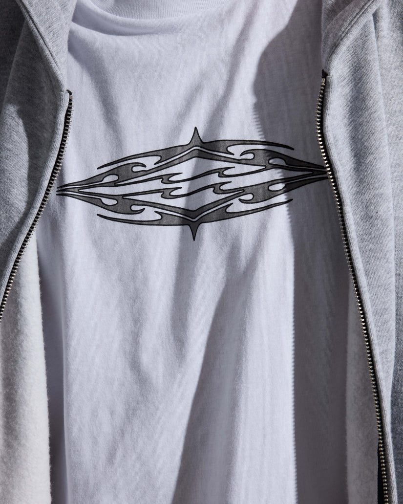 White short sleeve knit t-shirt with black tribal diamond graphic on chest.
