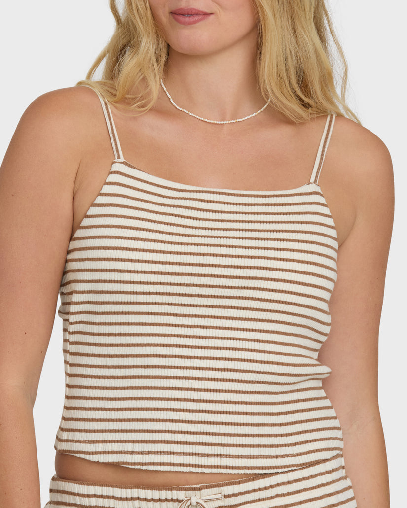 Brown and cream striped ribbed tank top with thin adjustable straps.