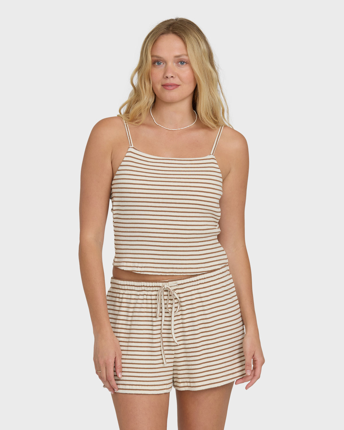 Brown and cream striped knit shorts with drawstring waist, paired with matching camisole top.
