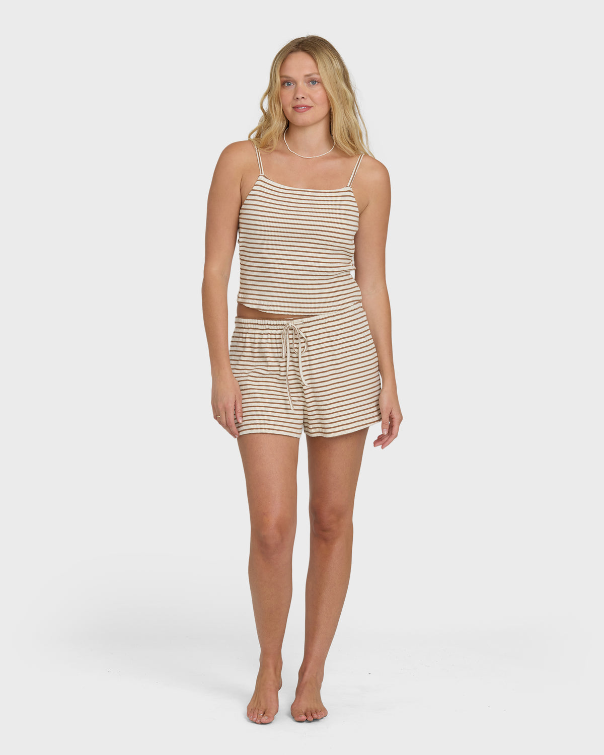 Brown and cream striped knit shorts with matching camisole top and drawstring waist.