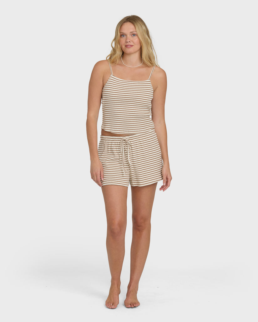 Brown and cream striped knit shorts with matching camisole top and drawstring waist.