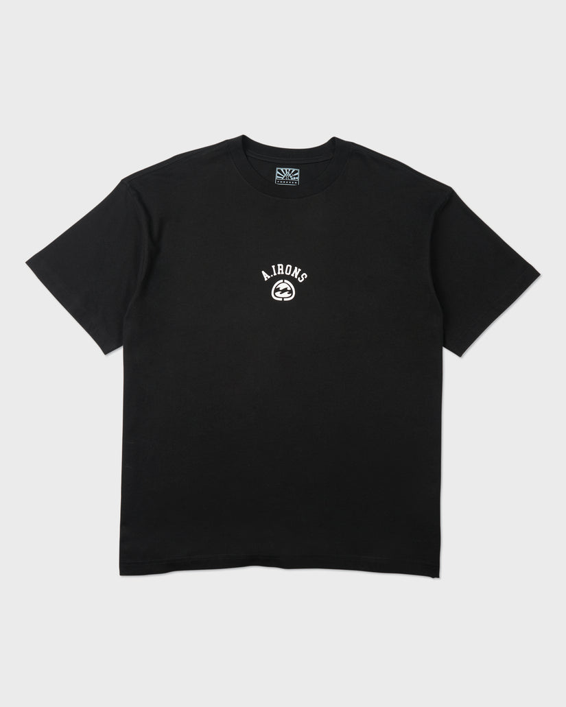 Black short sleeve t-shirt with small "A.I IRONS" text and logo graphic centered on chest.
