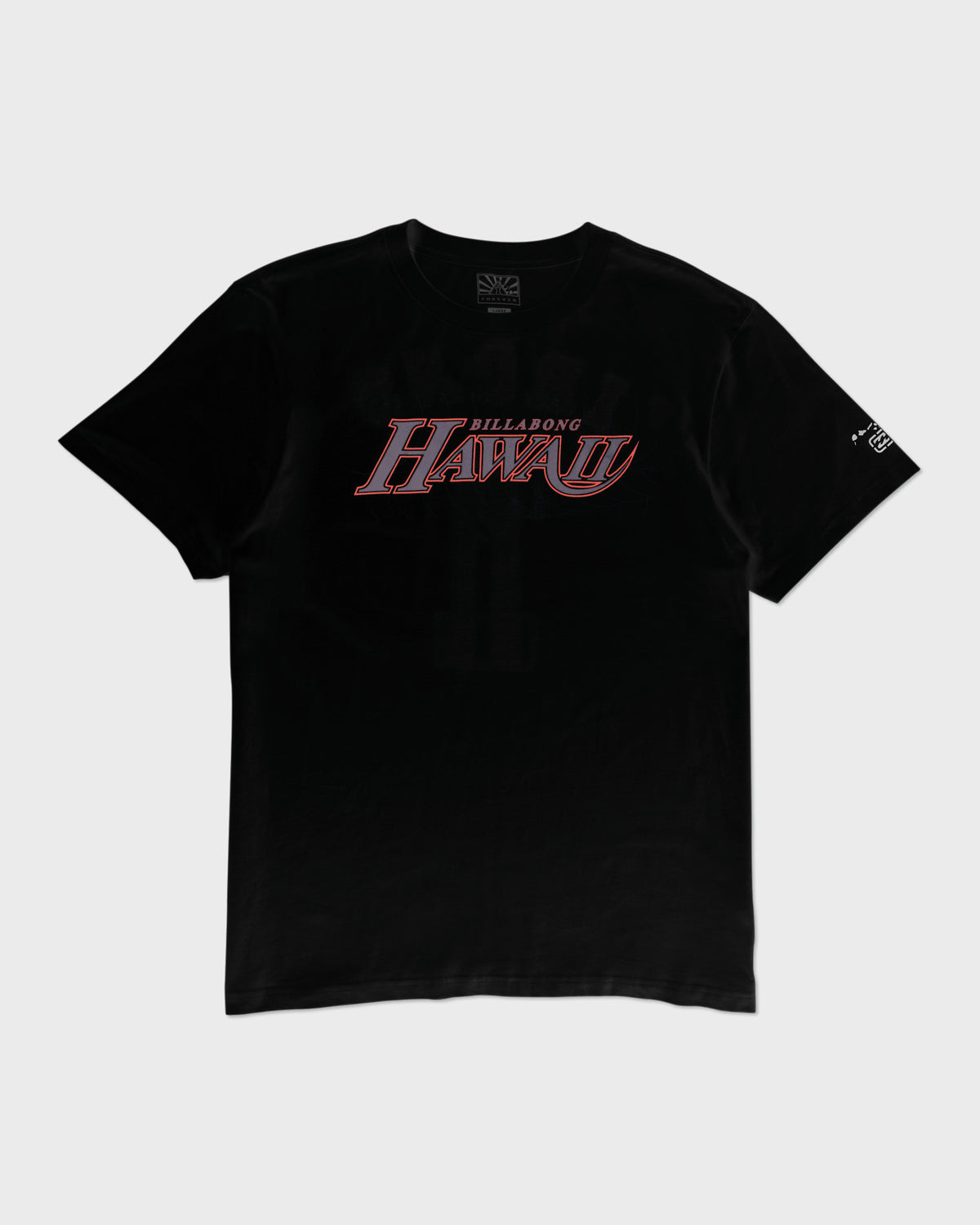 Black short-sleeve t-shirt with "Billabong Hawaii" graphic on chest and small logo on right sleeve.