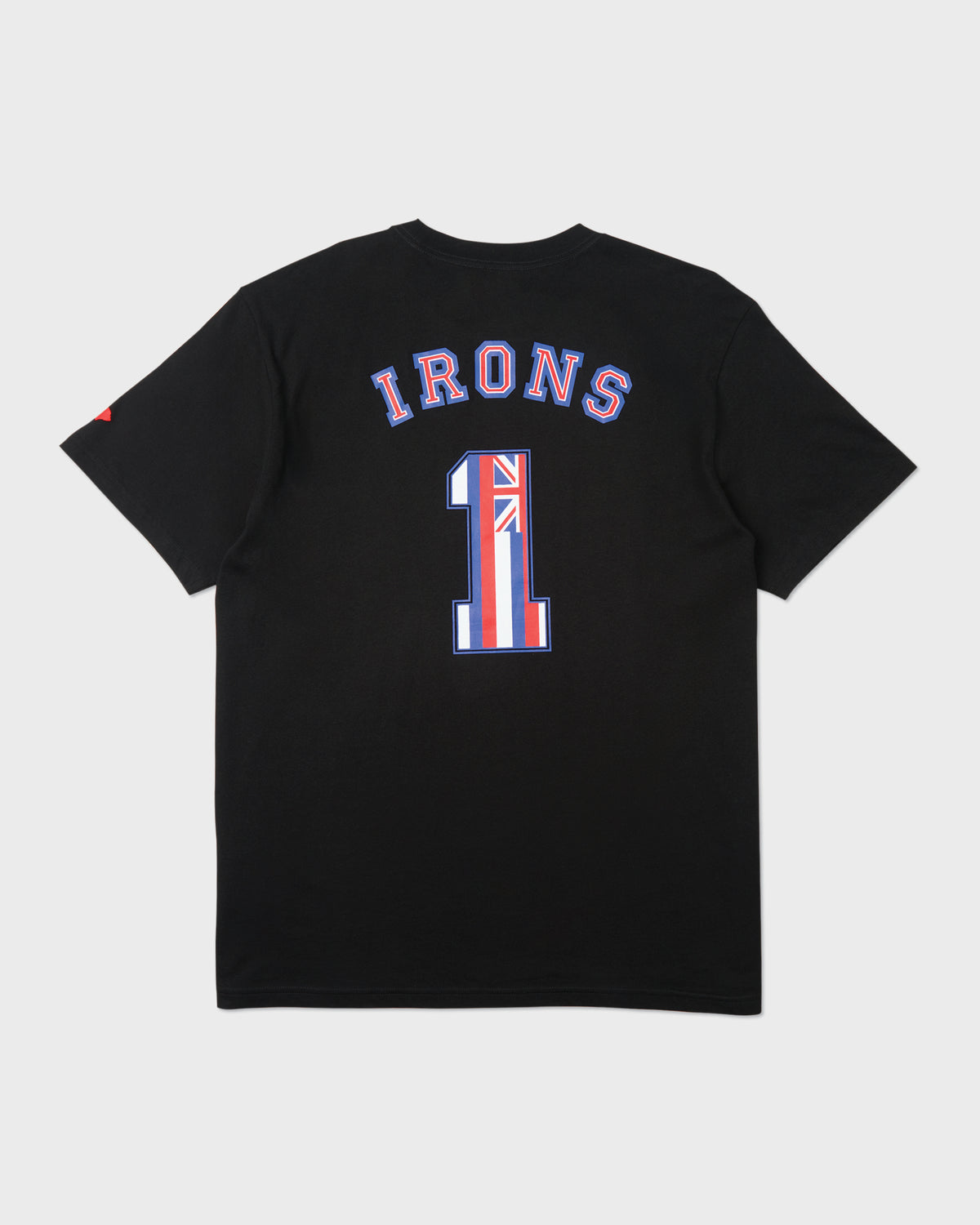 Black short sleeve t-shirt with "IRONS" and red, white, and blue striped number "1" graphic on chest.