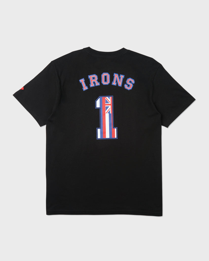 Black short sleeve t-shirt with "IRONS" and red, white, and blue striped number "1" graphic on chest.