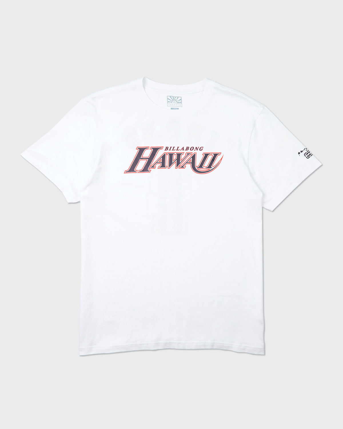 White short-sleeve t-shirt with "Billabong Hawaii" text graphic on chest and small logo on right sleeve.