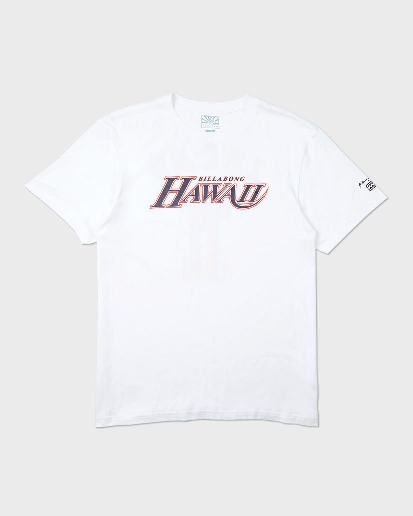 White short-sleeve t-shirt with "Billabong Hawaii" text graphic on chest and small logo on right sleeve.