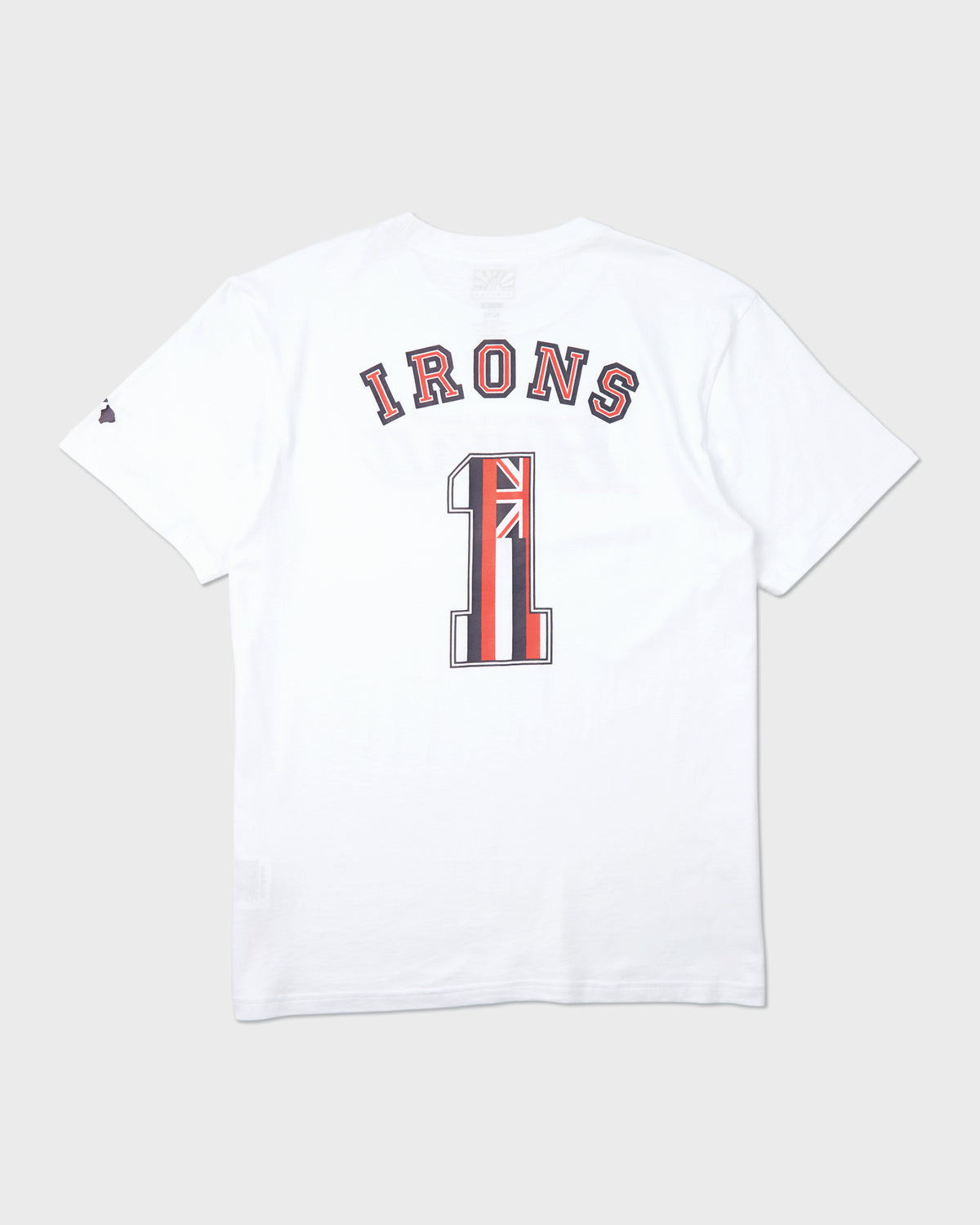 White short-sleeve t-shirt with "IRONS" text and number 1 graphic on back.