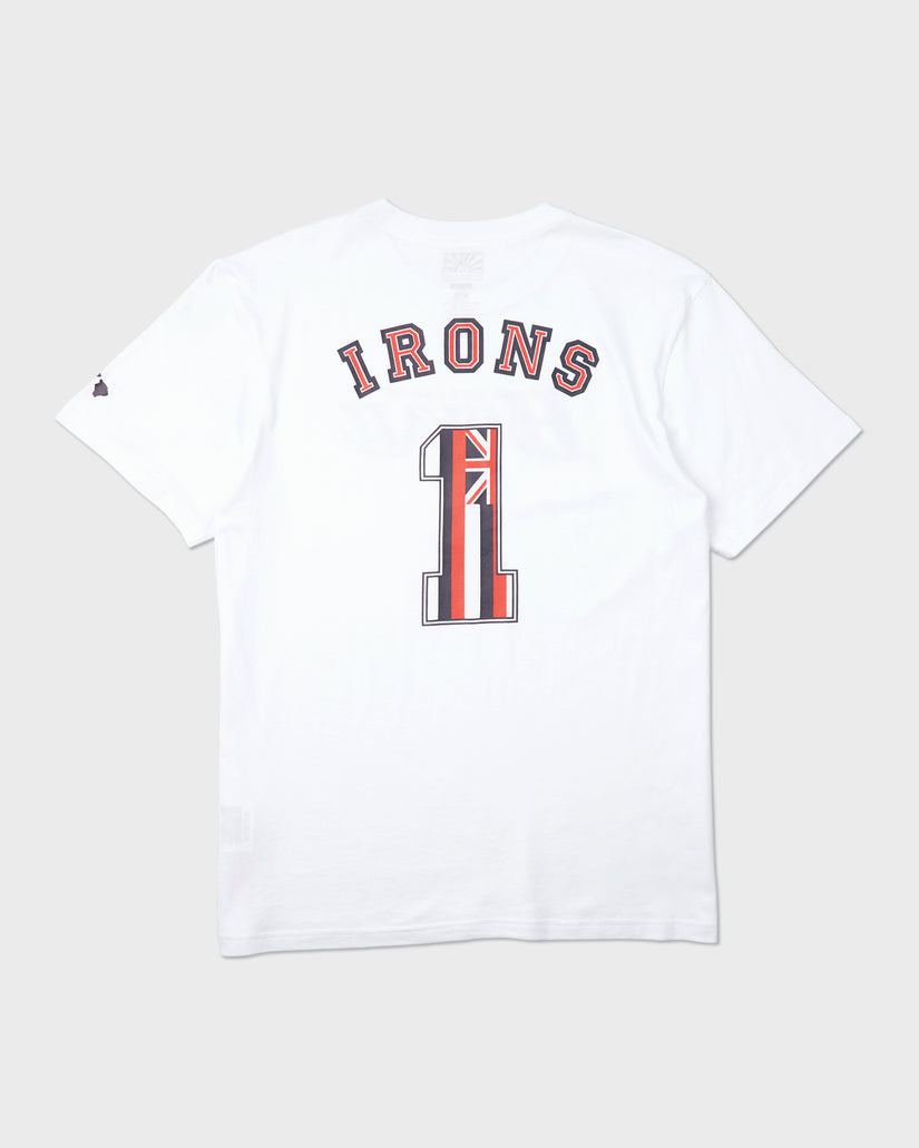White short-sleeve t-shirt with "IRONS" text and number 1 graphic on back.