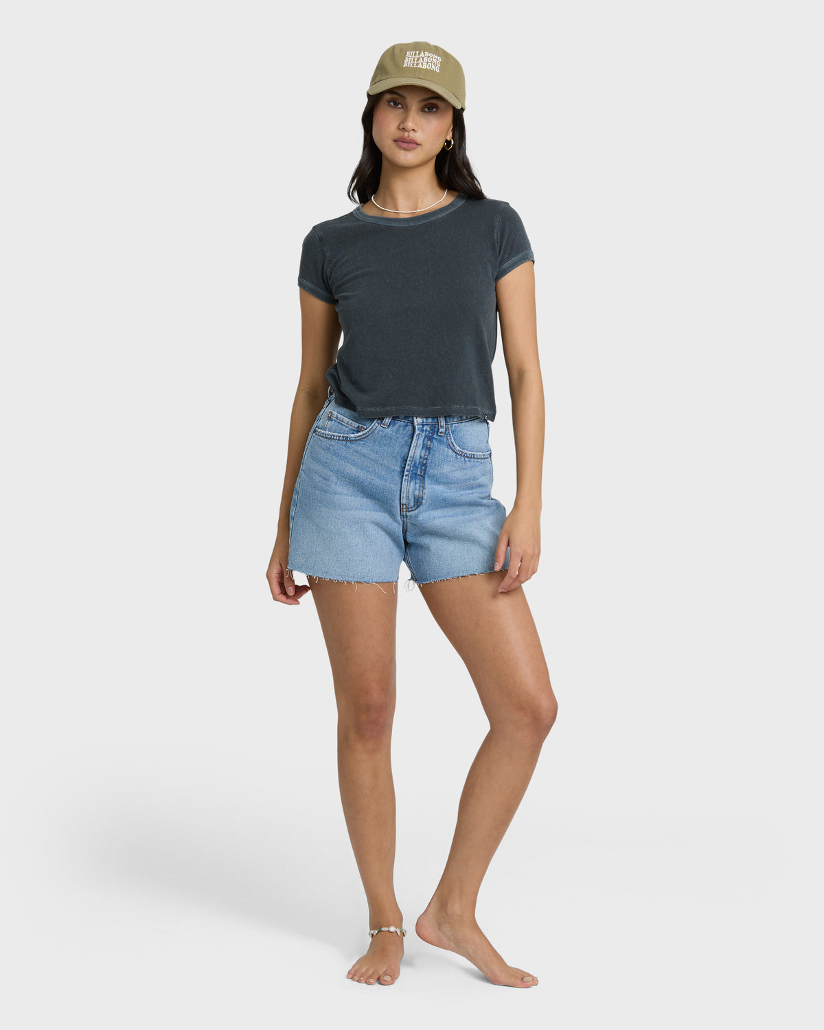 Light blue denim cut-off shorts with frayed hem edges and front pockets.