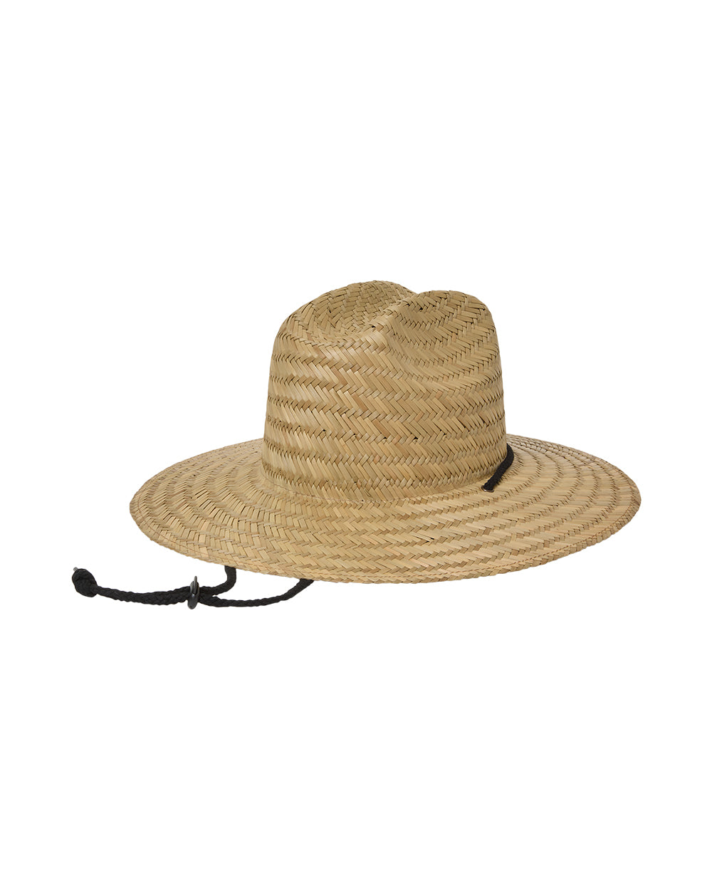 Natural straw lifeguard hat with wide brim, tall crown, and black chin strap.