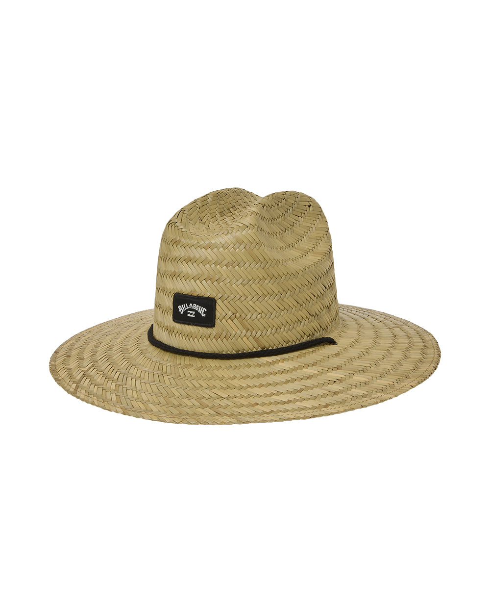 Natural straw lifeguard hat with woven texture, black band around crown, and wide brim.