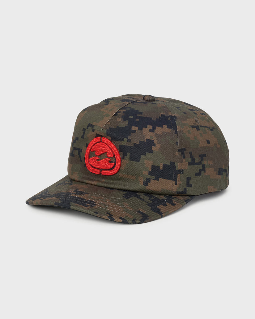 Dark olive digital camouflage snapback cap with red embroidered logo on front.