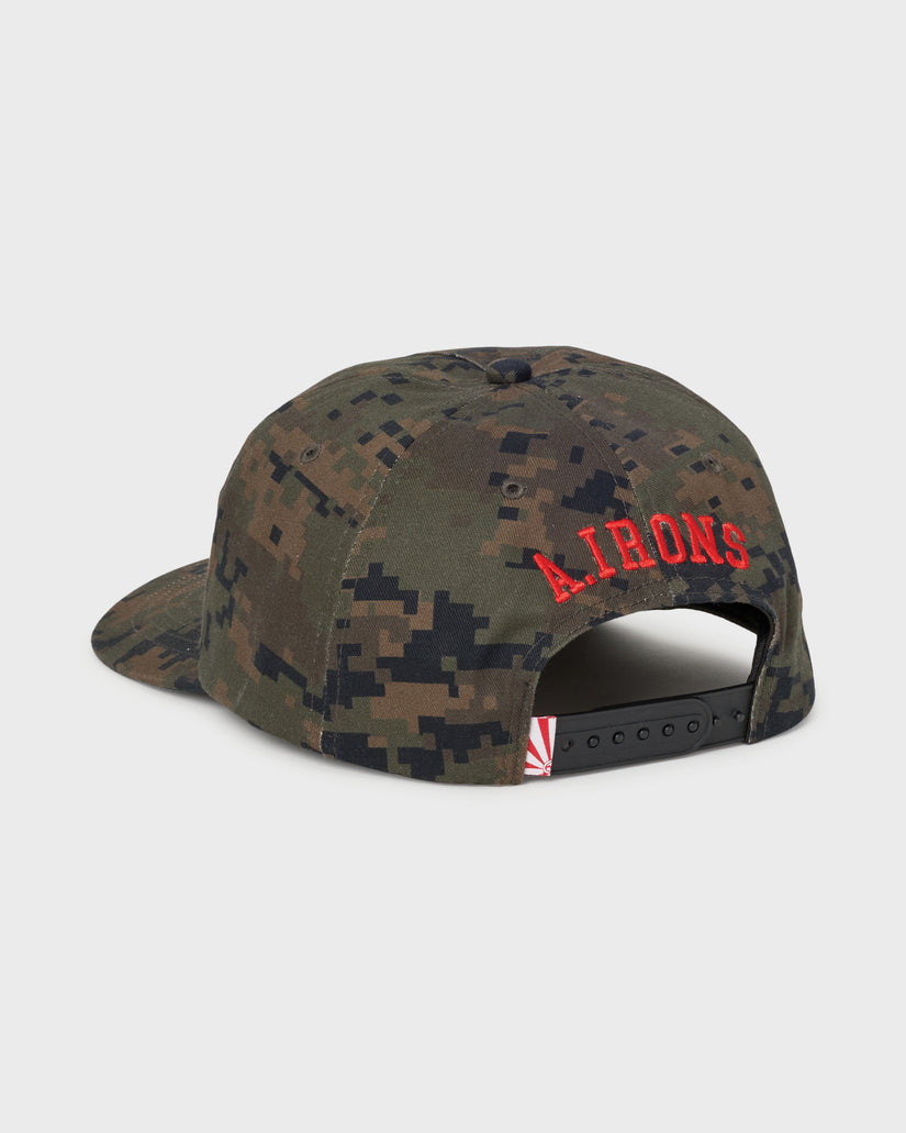 Dark olive digital camouflage snapback cap with red "A.I BORKS" text and black adjustable back strap.