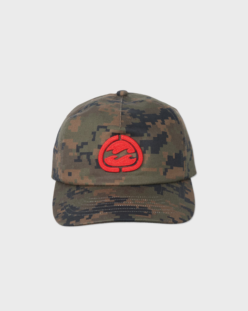 Dark olive digital camouflage snapback cap with red embroidered logo on front.