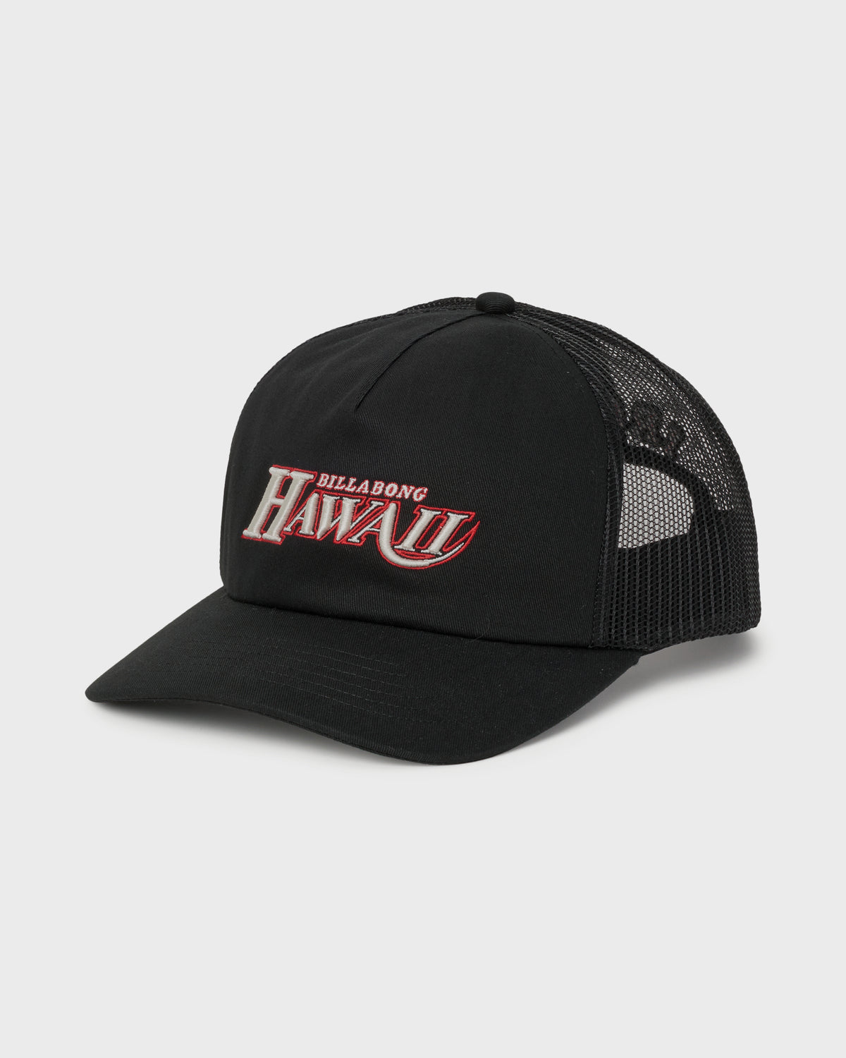 Black trucker cap with mesh back panels and red and white "Billabong Hawai'i" embroidery on front.