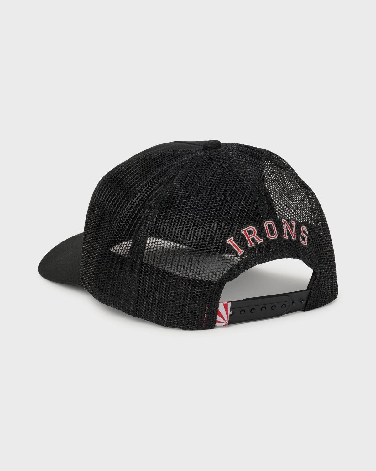 Black mesh trucker cap with "IRONS" text embroidered on the side and snapback closure.
