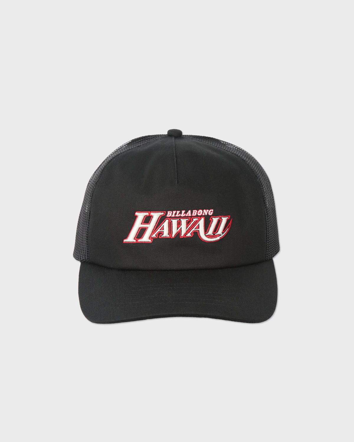 Black trucker cap with mesh back panel and red and white "Billabong Hawaii" embroidered logo on front.