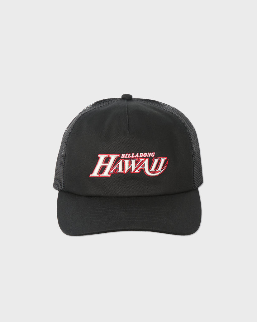 Black trucker cap with mesh back panel and red and white "Billabong Hawaii" embroidered logo on front.