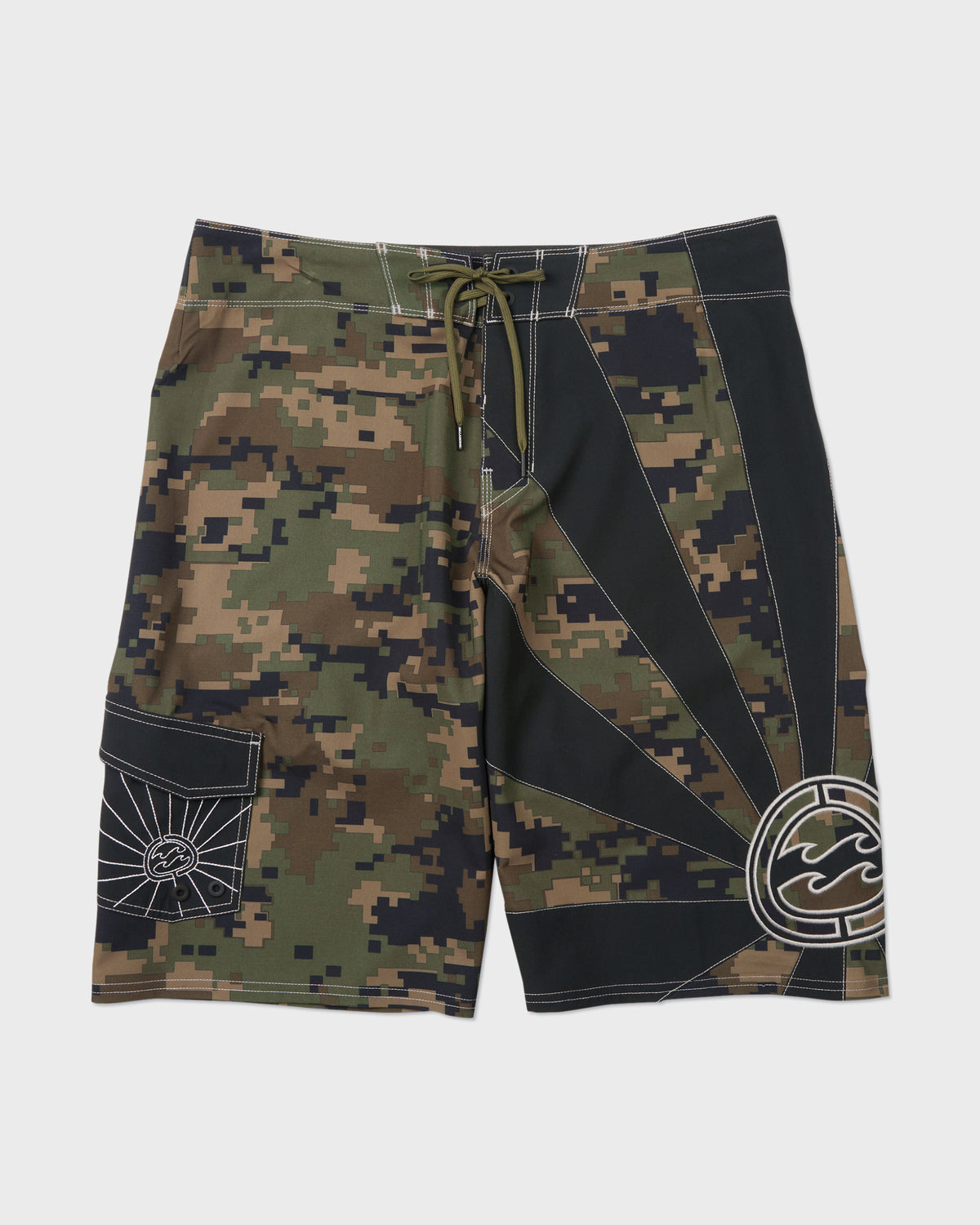 Dark olive digital camouflage board shorts with black panels, drawstring waist, and embroidered logo patch on leg.