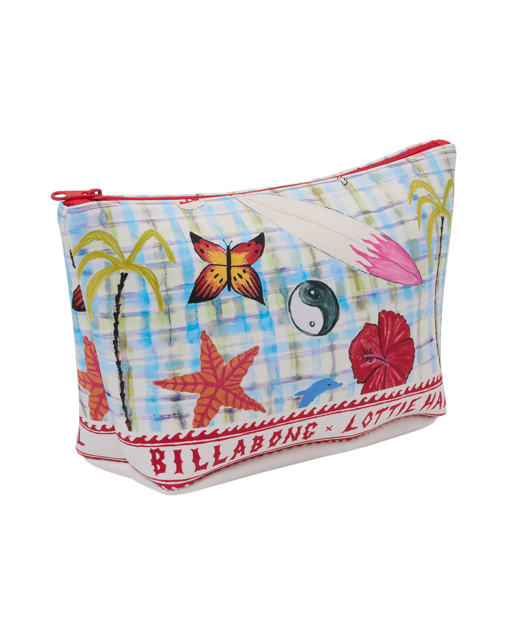 White multi pouch with red zip featuring butterflies, starfish, tropical flowers, and checkered pattern.