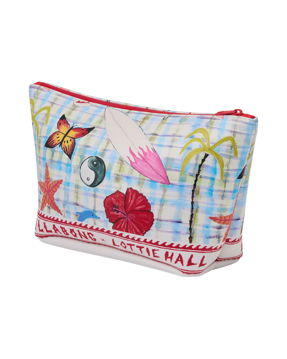 White dry pouch with red zip top, featuring multicolored botanical print including butterfly, flowers, and yin-yang symbol.