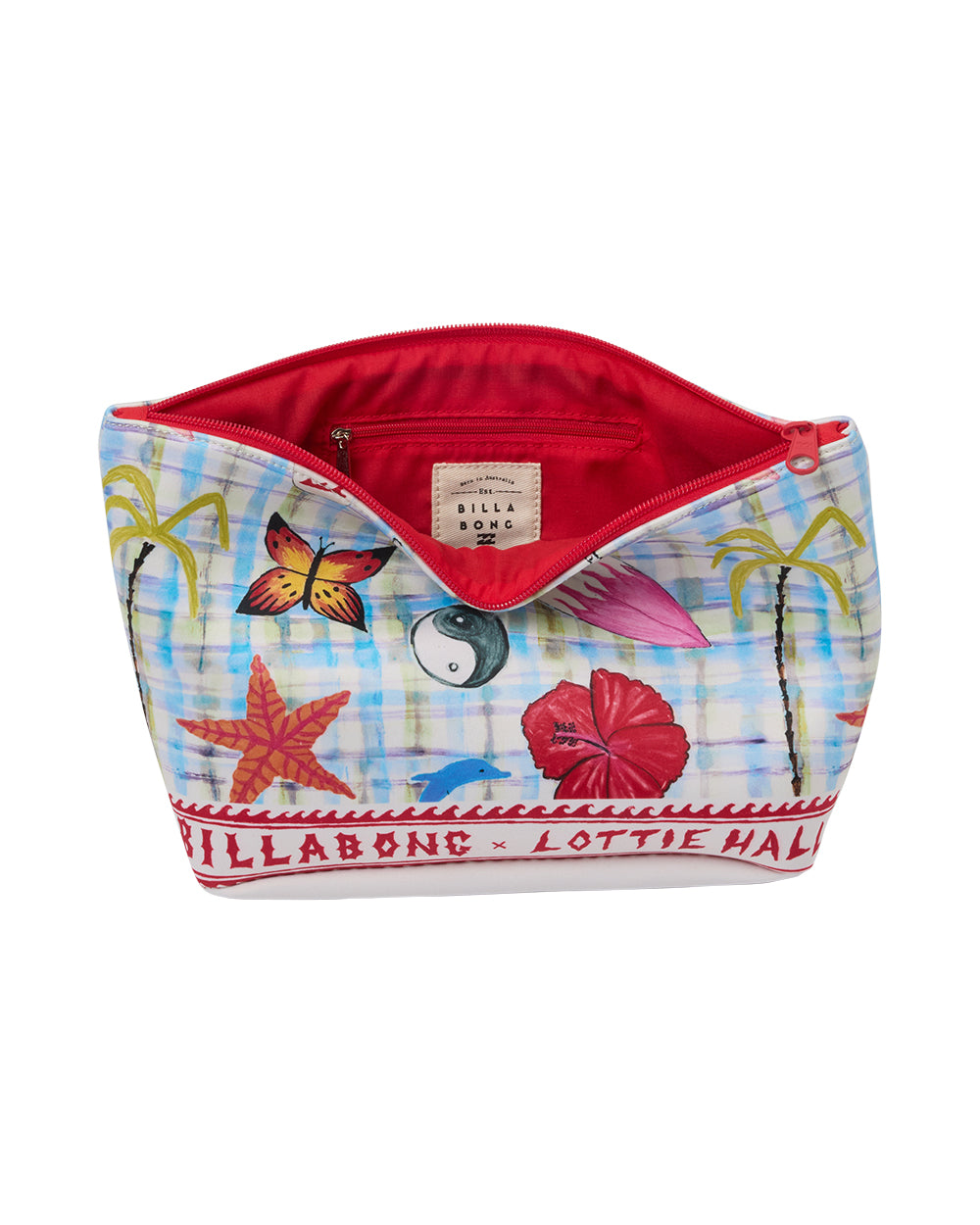 White multi dry pouch with colorful tropical print, red interior, and branded webbing trim, shown open.