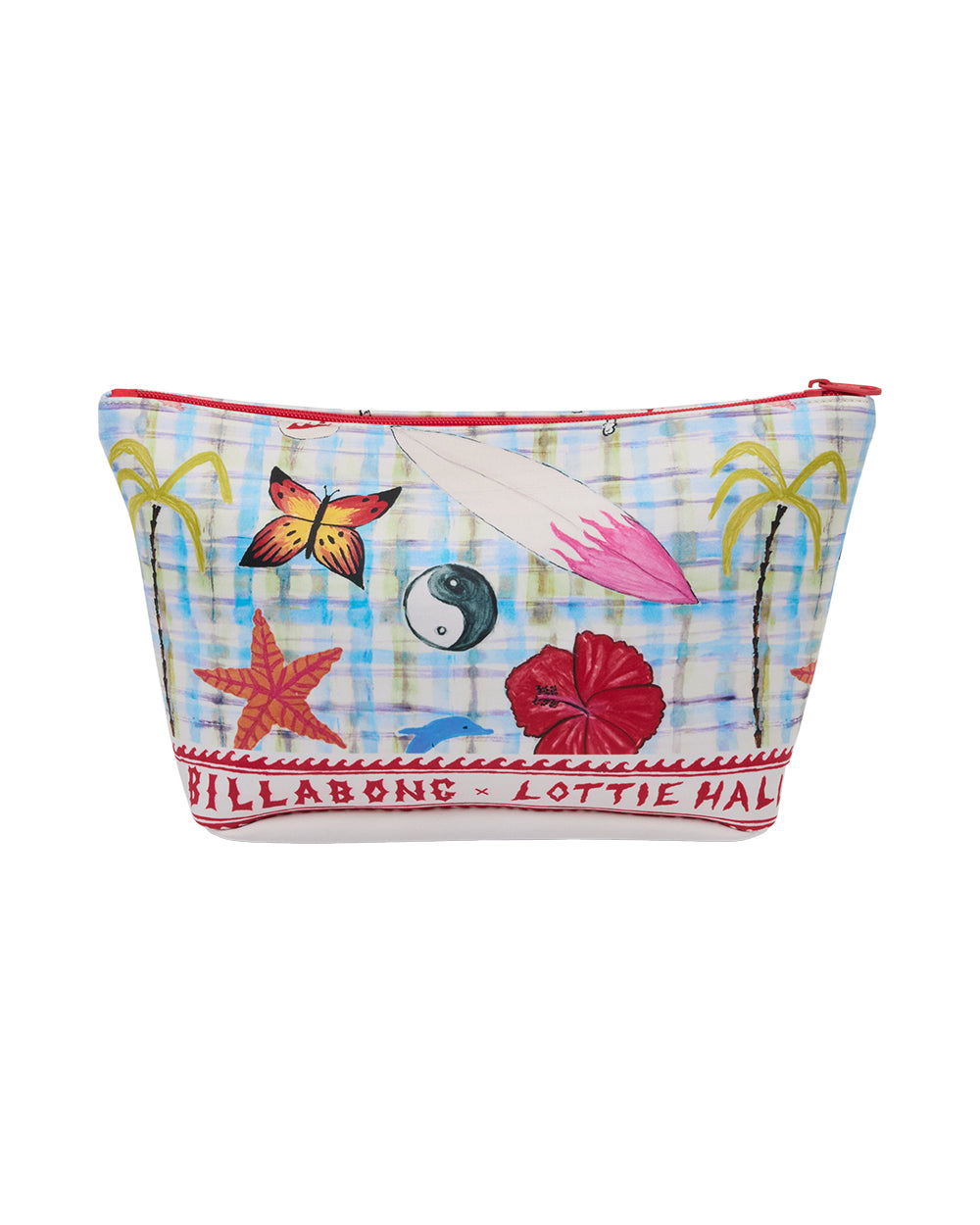 White pouch with multicolored plaid pattern, butterfly, starfish, flower, and yin-yang designs, red zipper and trim, Billabon