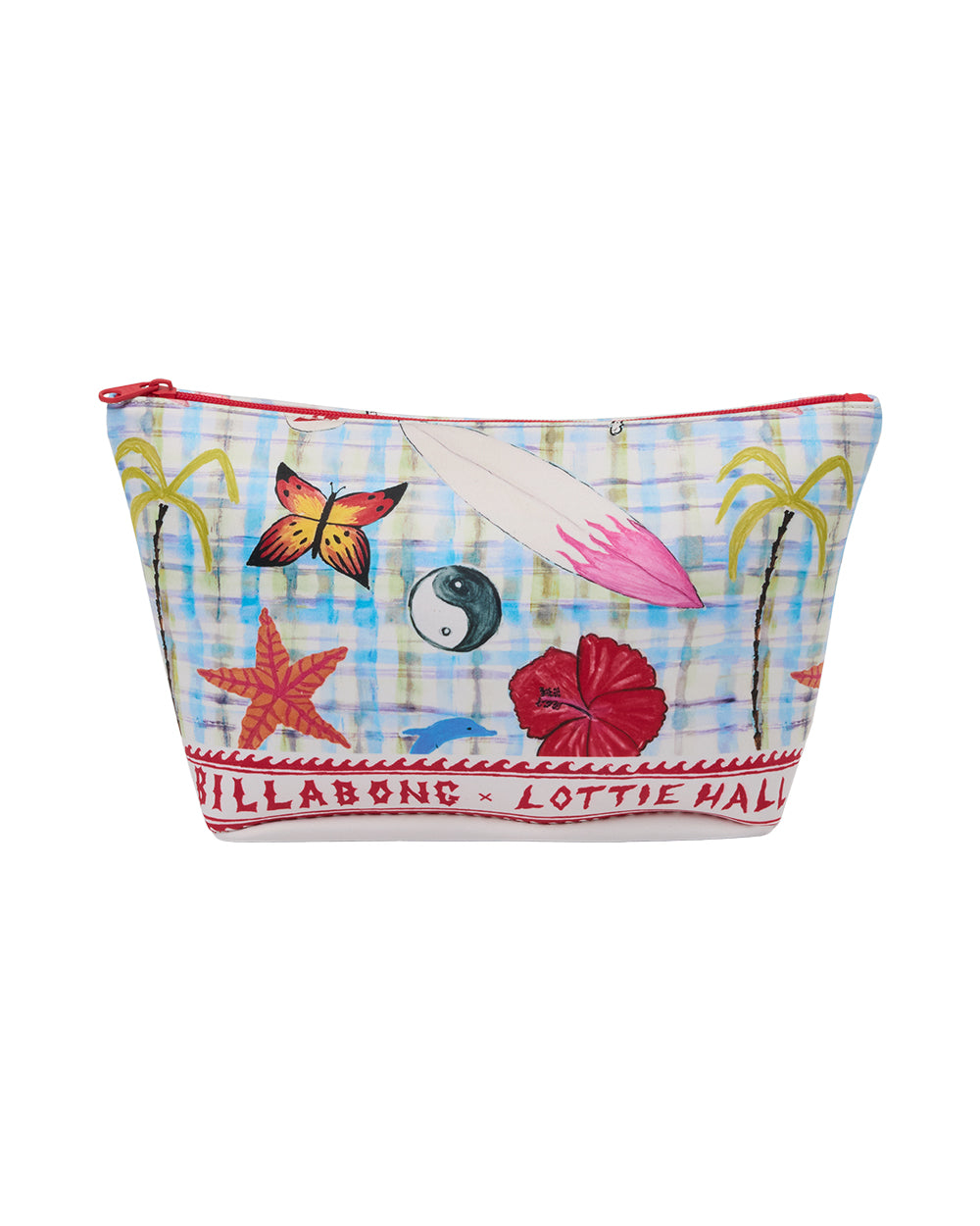 White dry pouch with blue and yellow gingham pattern, featuring colorful botanical illustrations and red zipper.