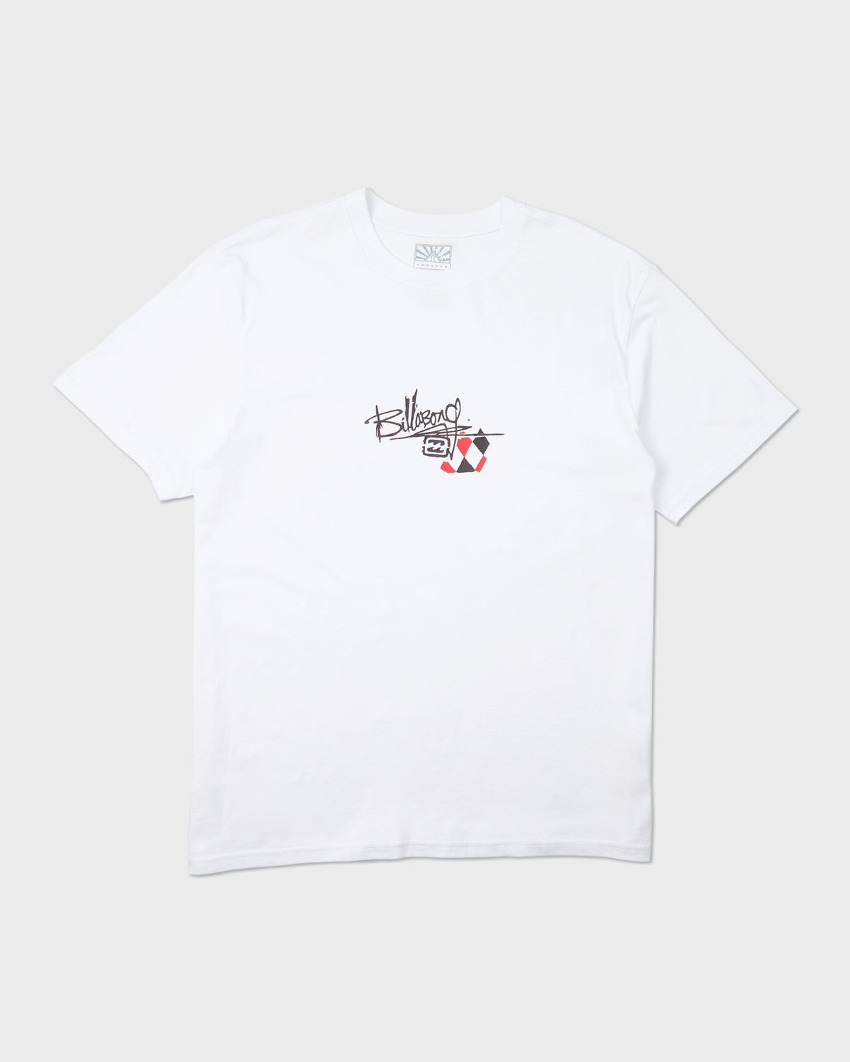 White short-sleeve t-shirt with small printed logo and argyle design on chest.