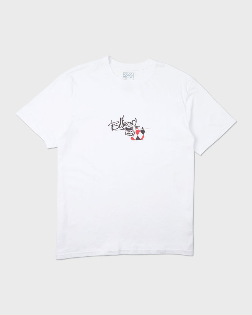 White short-sleeve t-shirt with small printed logo and argyle design on chest.