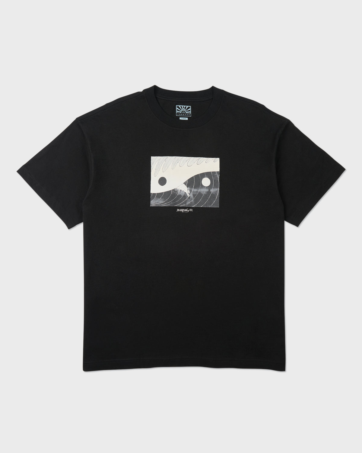 Black short sleeve t-shirt with abstract yin-yang style graphic featuring waves and circles on the chest.