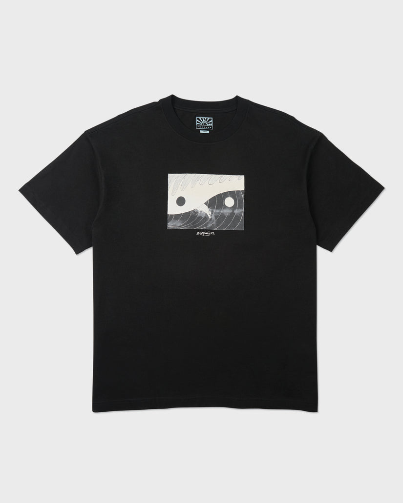 Black short sleeve t-shirt with abstract yin-yang style graphic featuring waves and circles on the chest.