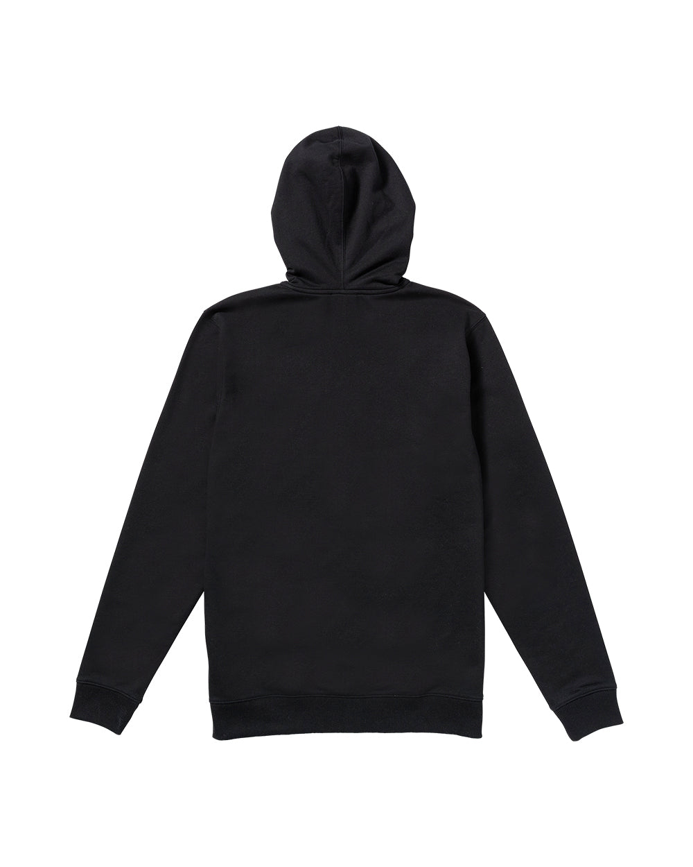 Black zip front hoodie with long sleeves, hood, and ribbed cuffs and hem, shown from back view.
