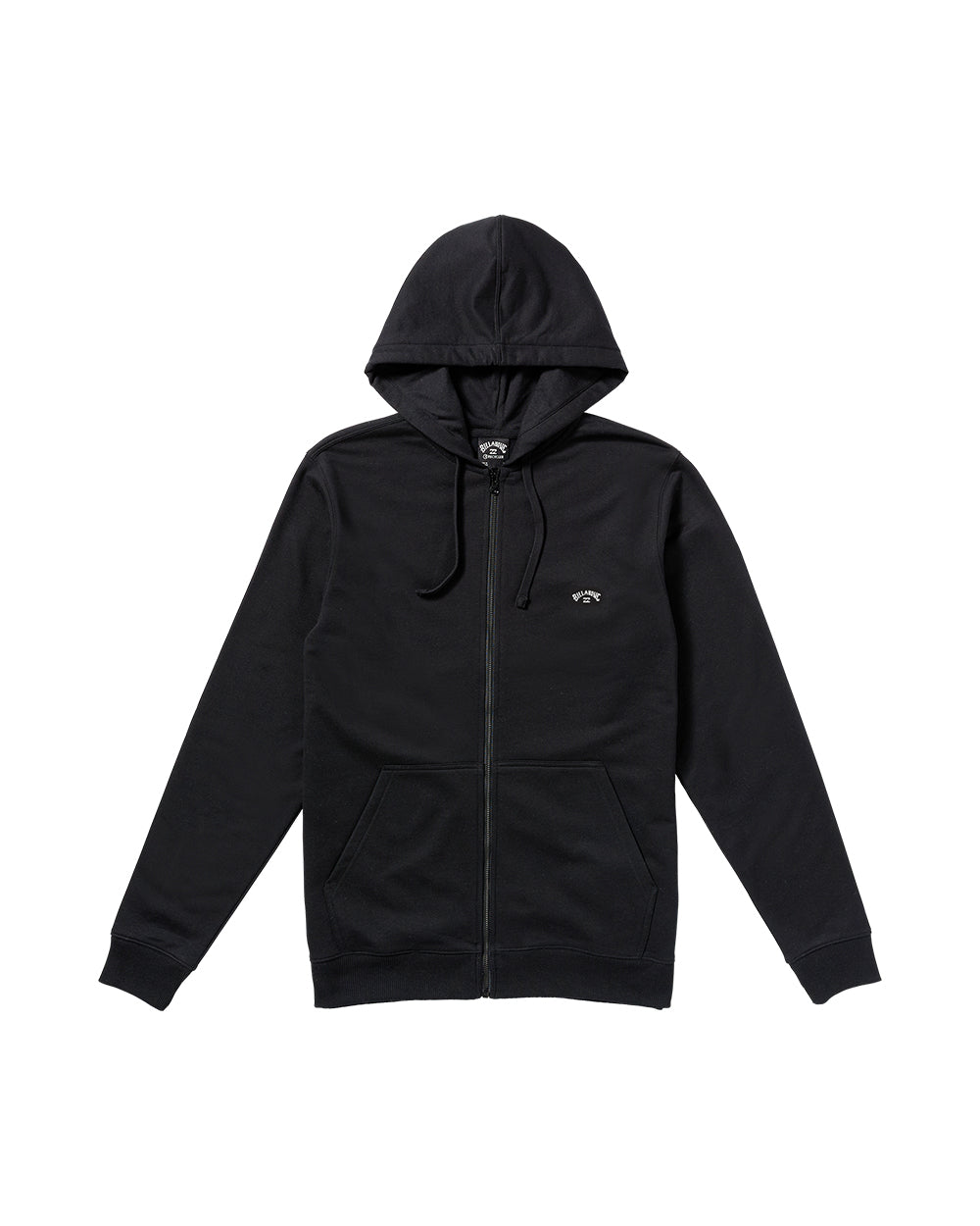 Black zip front hoodie with drawstring hood, kangaroo pocket, and small logo on chest.