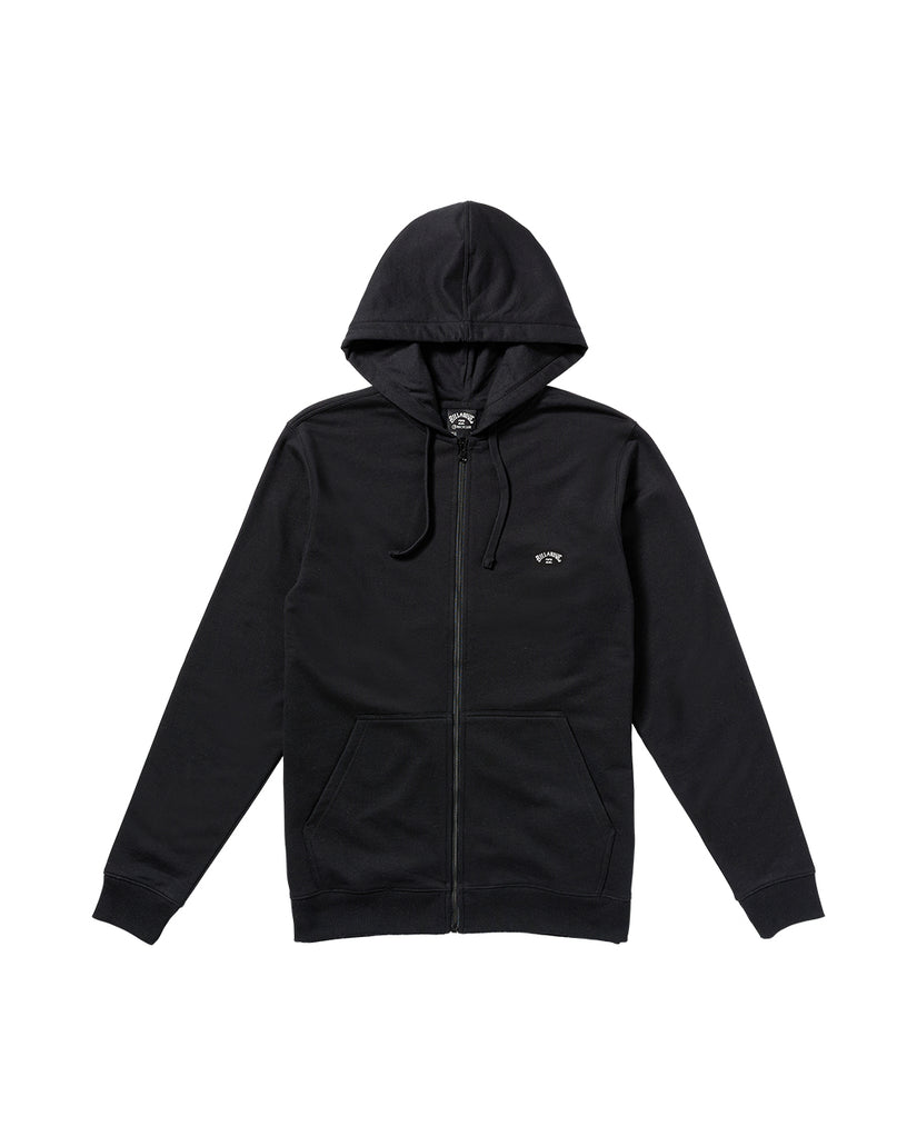 Black zip front hoodie with drawstring hood, kangaroo pocket, and small logo on chest.